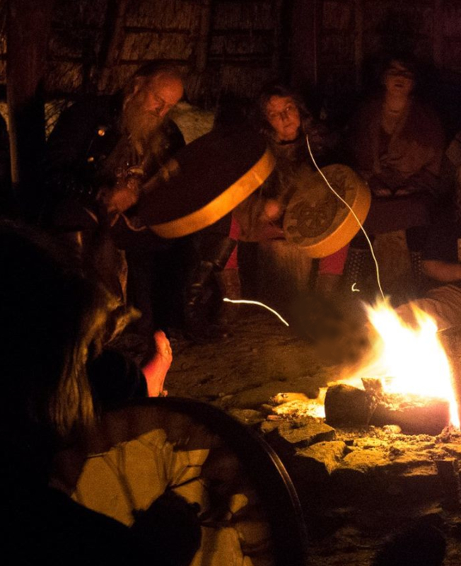 Nos Galan Gaeaf (Hallowe'en) ceremony around the fire in our Iron Age roundhouse.